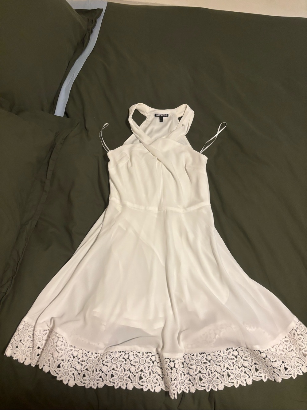 Express White Cross-Halter Fit & Flare Dress with Lace Hem